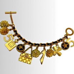 Auth CHANEL 12 Charms Gold CC Clover Camellia Lion Star Leather ChaCha Bracelet